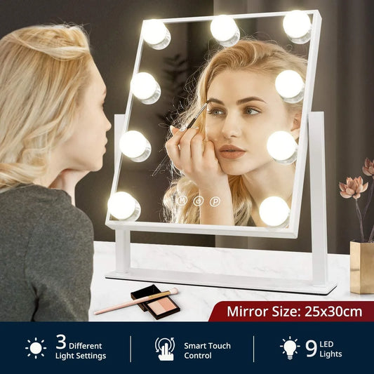 12''X14'' Vanity Makeup Mirror with Lights 360° Swivel Tabletop Metal White