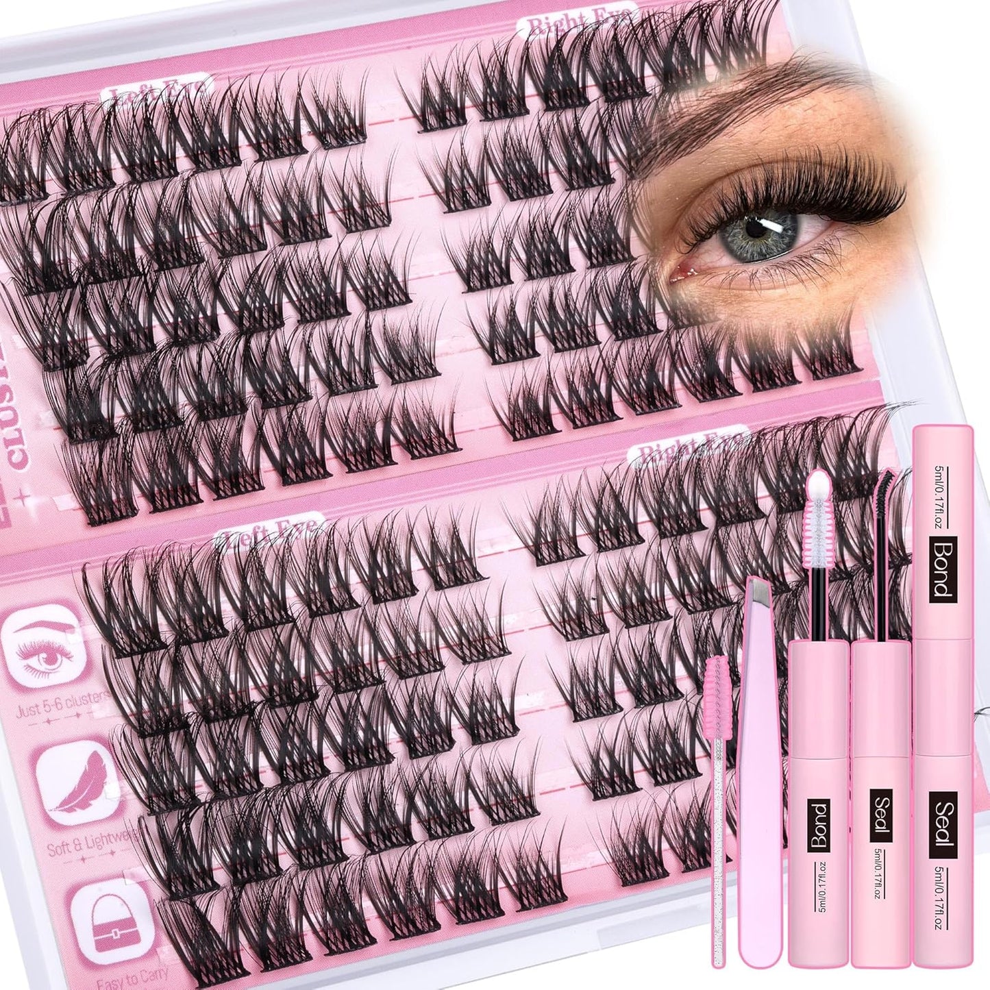 Lash Clusters Kit Wispy Cluster Eyelash Extensions Kit Natural Eyelash Clusters with Lash Bond and Seal Waterproof Tweezers 11-16Mm C-Curly Individual Lashes 120Pcs DIY Lash Extension Kit by