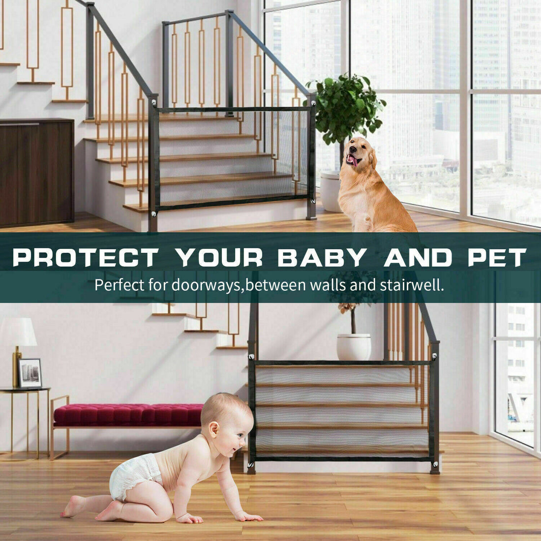 Pets Dog Cat Baby Safety Gate Mesh Fence Magic Portable Guard Net Stairs Doors | Everyday Home Deal