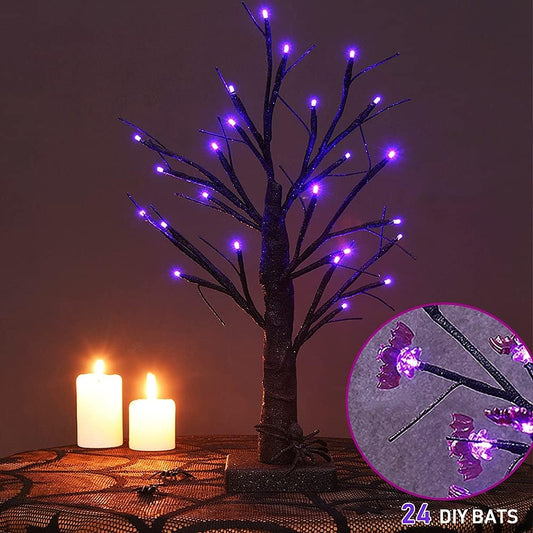 24 LED Lighted Halloween Tree, Battery Operated Birch Tree with 24 DIY Bat, Indoor Home Table Desktop Best Halloween Decorations Gift Package