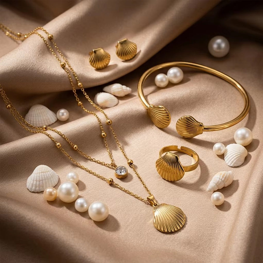 Women’s Gold Shell Jewelry Set – Stainless Steel Necklace, Bangle, Earrings & Ring | Everyday Home Deal