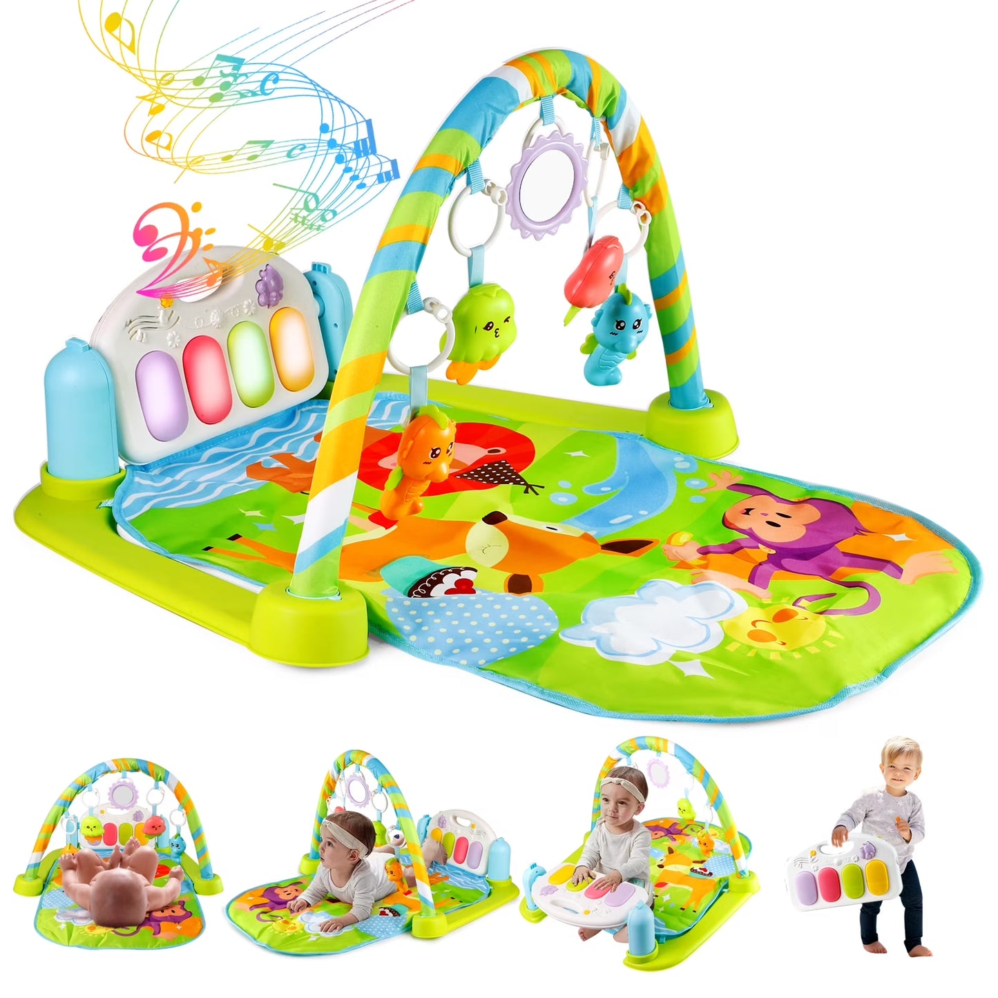 Baby Play Mat Baby Gym Funny Play Piano Tummy Time Baby Activity Gym Mat with 5 Infant Learning Sensory Baby Toys, Music and Lights Boy & Girl Gifts for Newborn Baby 0 to 3 6 9 12 Months
