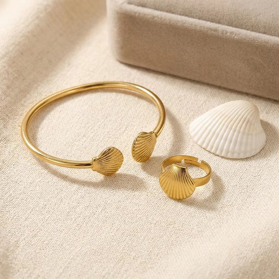 Women’s Gold Shell Jewelry Set – Stainless Steel Necklace, Bangle, Earrings & Ring | Everyday Home Deal