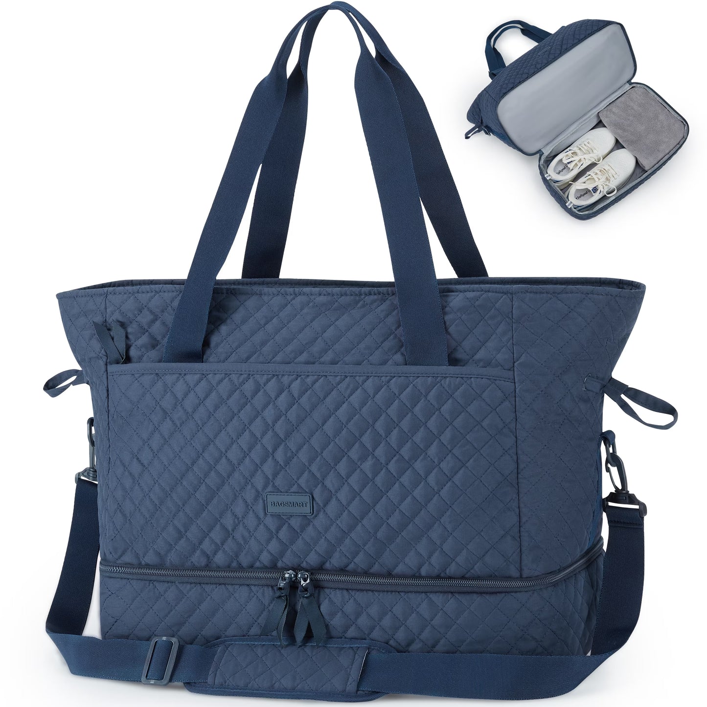 Weekender Overnight Bag, 39L Large Travel Duffle Tote Bag, Fashion Carry on Gym Bag Water-Resistant Shoulder Handbags with Shoe Compartment, Navy Blue