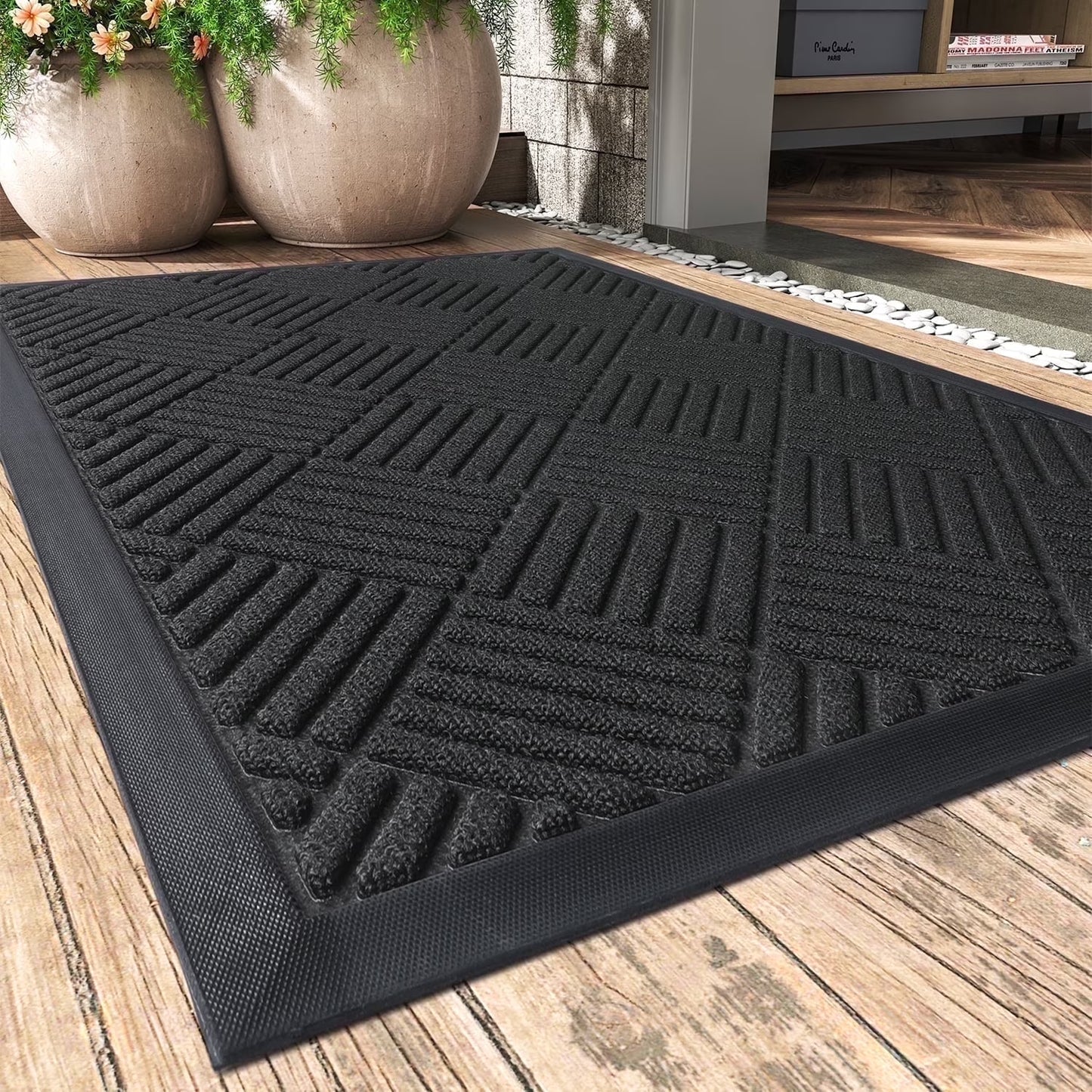 SIXHOME Outdoor Mat Non Slip Doormat 17"X30" Front Door Mat outside Absorbent Rubber Welcome Mat Low Profile Dirt Trapper Indoor Outdoor Doormat Thicken Crosshatch Entryway Rug Floor Mat Black