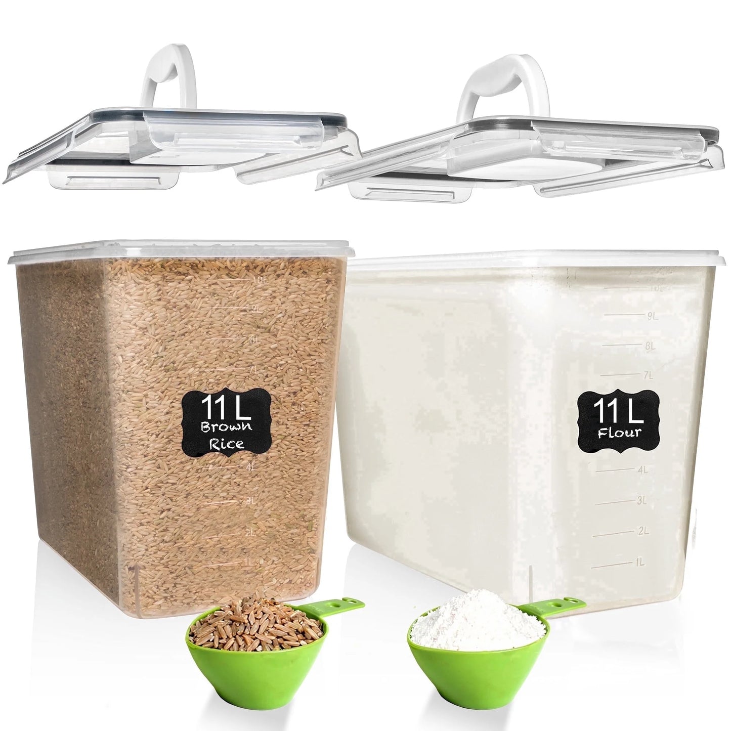 4Pcs (11L | 11000ML) Extra Large Airtight Flour Sugar Storage Containers with Lids, BPA Free Plastic Food Storage Containers with Lids + 2 Measuring Spoon