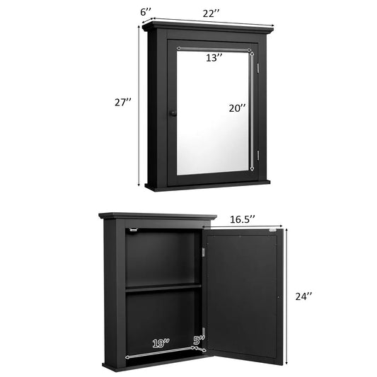 Costway room Mirror Cabinet Wall Mounted Adjustable Shelf Medicine Grey/Black