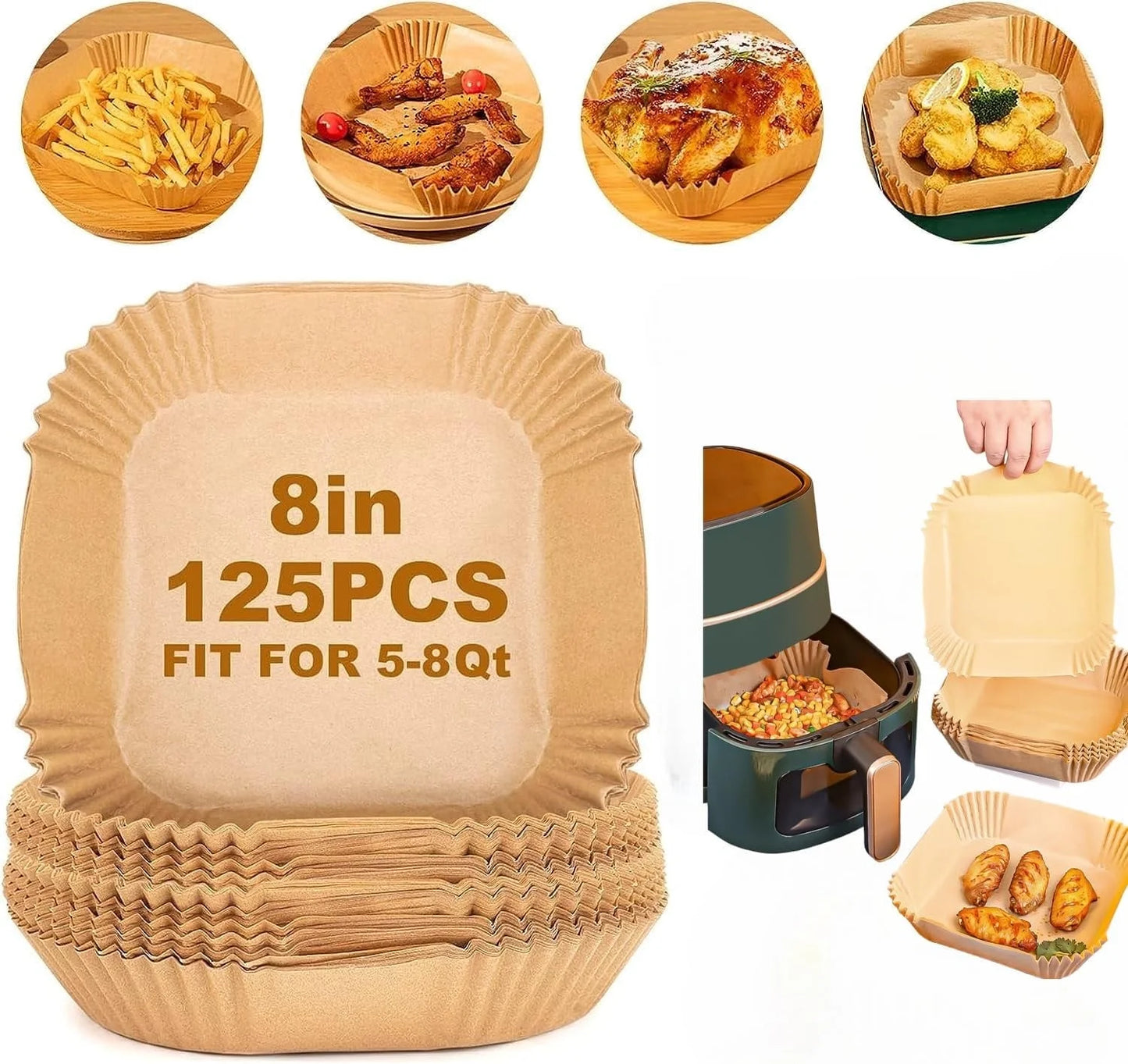 Air Fryer Paper Liners, 125Pcs Air Fryer Disposable Liners, Non-Stick and Oil Proof for Easy Cleanup, 8” Square for 5-8 Qt Basket
