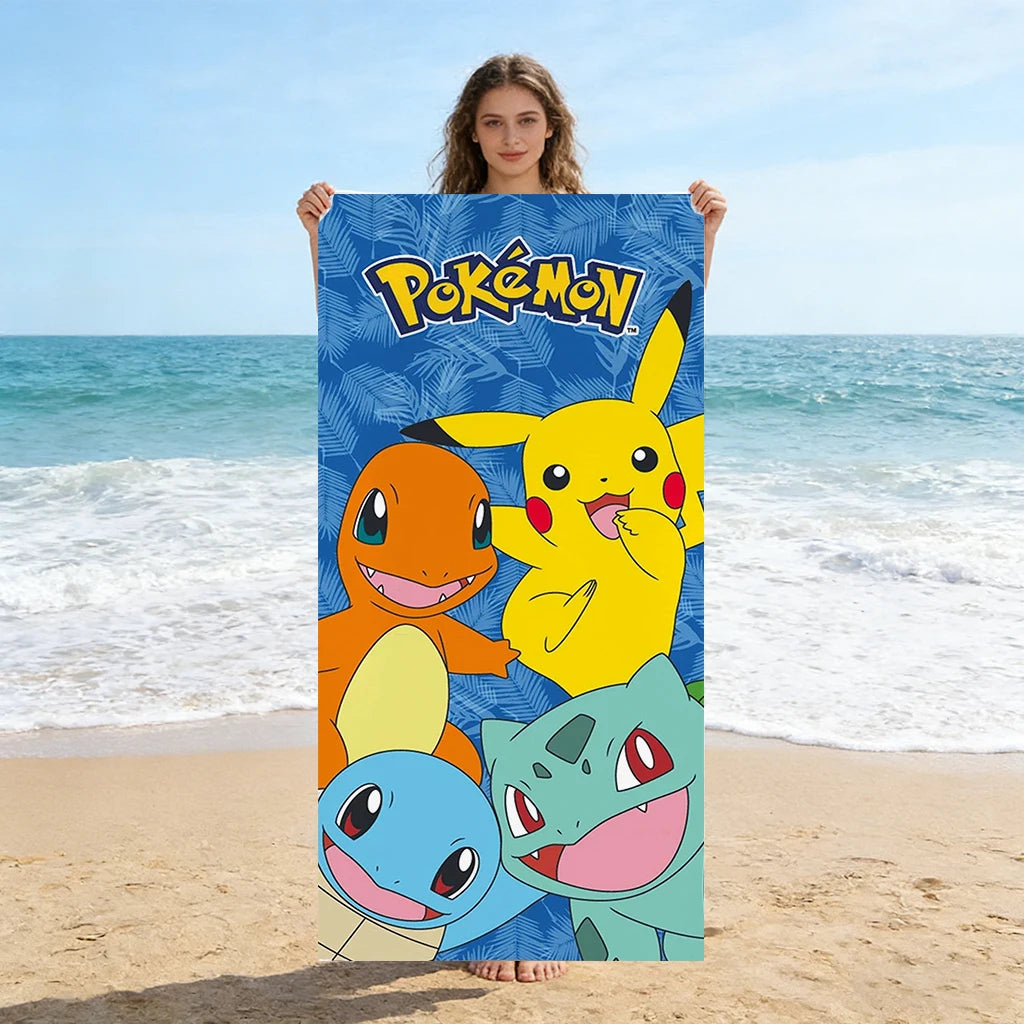 Pokemon Pikachu & Starters Beach Towel, Kids Cartoon Beach Towel, Soft Absorbent Quick-Dry Towel for Beach, Pool, Travel