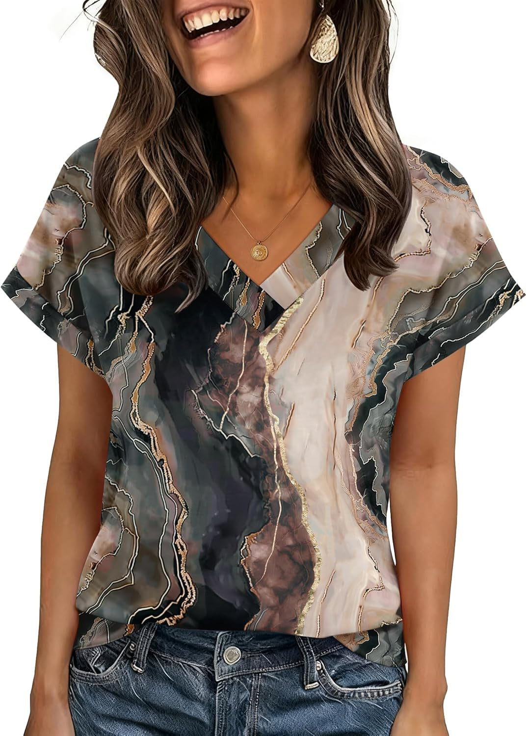 Womens Summer Tops Rolled Short Sleeve V Neck Shirts Casual Dressy Business Work Blouses Outfits