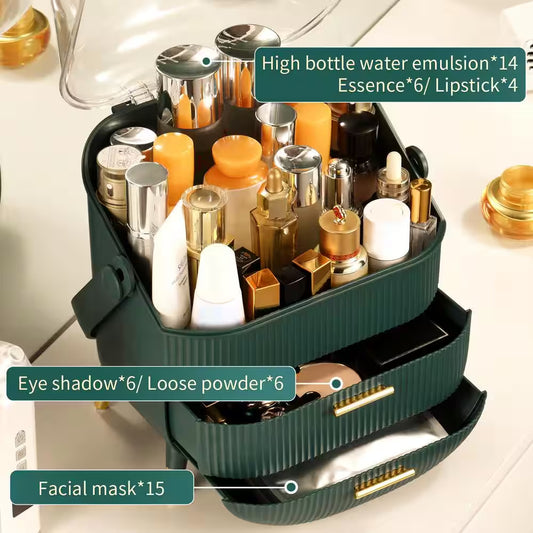 Makeup Storage Organizer Display Case with 2-Layer Storage Box and Transparent Cover, for Bedroom Vanity Desk in Green
