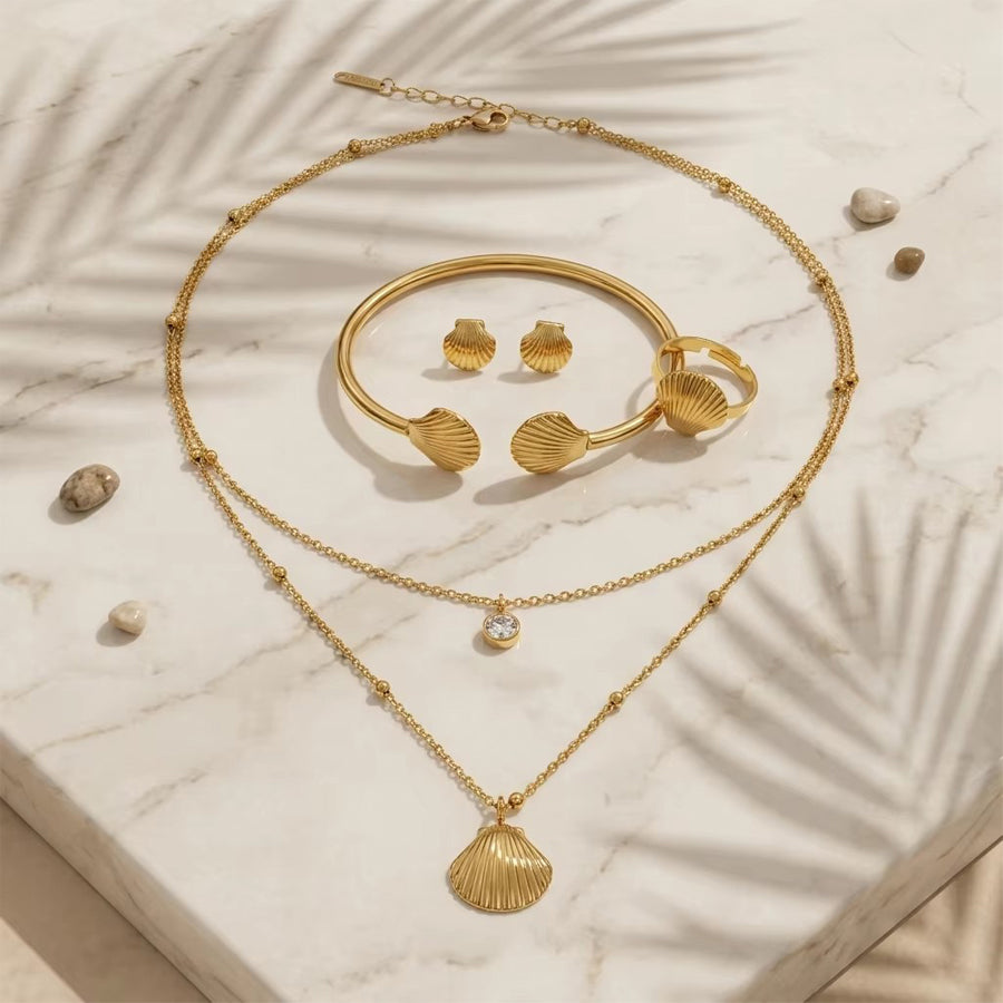 Women’s Gold Shell Jewelry Set – Stainless Steel Necklace, Bangle, Earrings & Ring | Everyday Home Deal