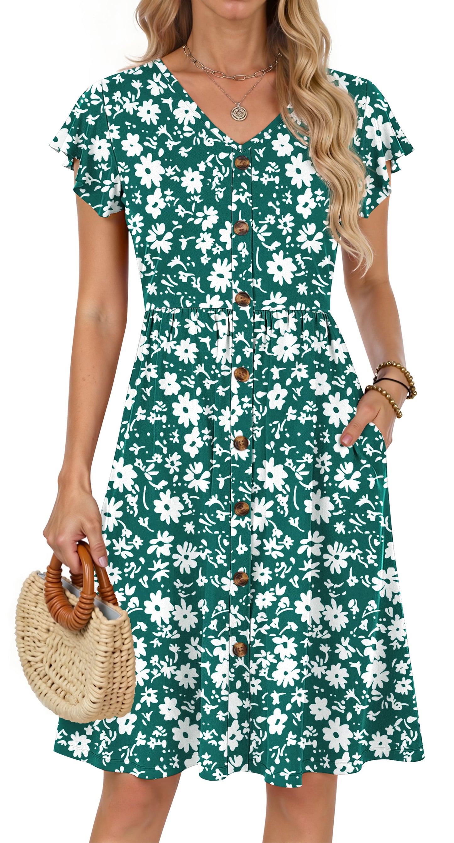 Women Summer Dresses V Neck Ruffle Sleeve Casual Flowy Sundresses Button Floral Midi Dress with Pockets