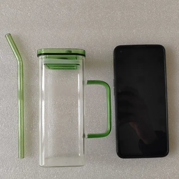 Transparent Borosilicate Glass Cup with Straw & Lid | Square Cup | Everyday Home Deal