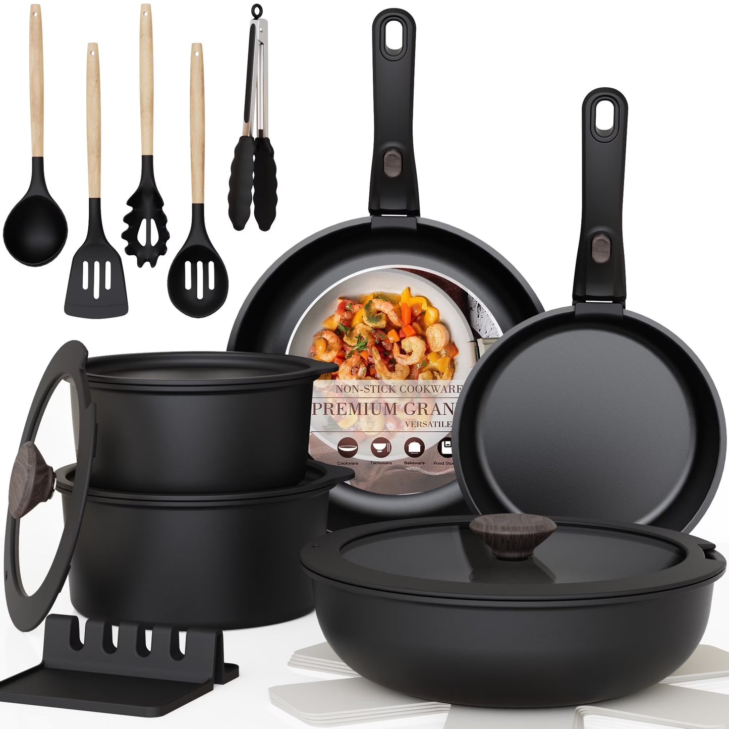 20-Piece Pots and Pans Set, Nonstick Cookware Set with Detachable Handles, Oven & Dishwasher Safe, Induction Compatible, Stackable RV Kitchen Cooking Set, Black