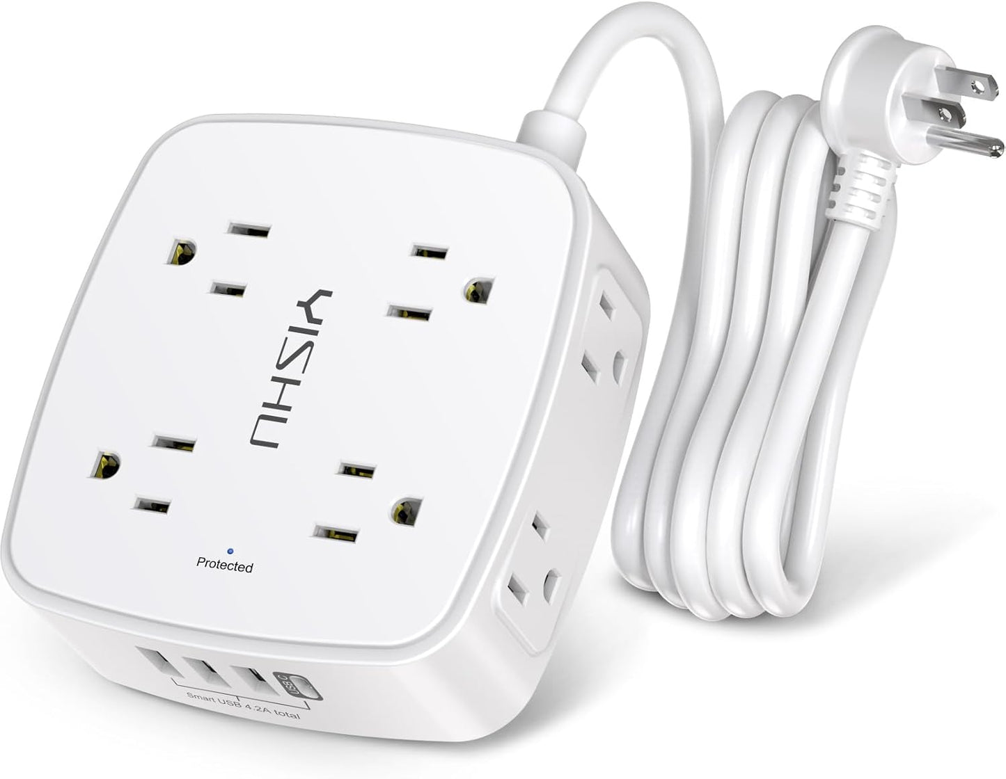 6 Ft Surge Protector Power Strip - 8 Widely Outlets with 4 USB Ports, 3 Side Out