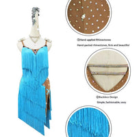 High-End Fringed Dress For Professional Latin Dance Competitions In Blue
