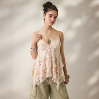 Retro Floral Chiffon Slimming Lace Flounce Strap Top