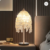 19 Inch Height Elegant Crystal Table Lamp Vintage Waterfall Design With Teardrop Grape Crystal Bead String Shades And Marble Textured Base For Living Room, Bedroom, Or Office Bulb Not Included