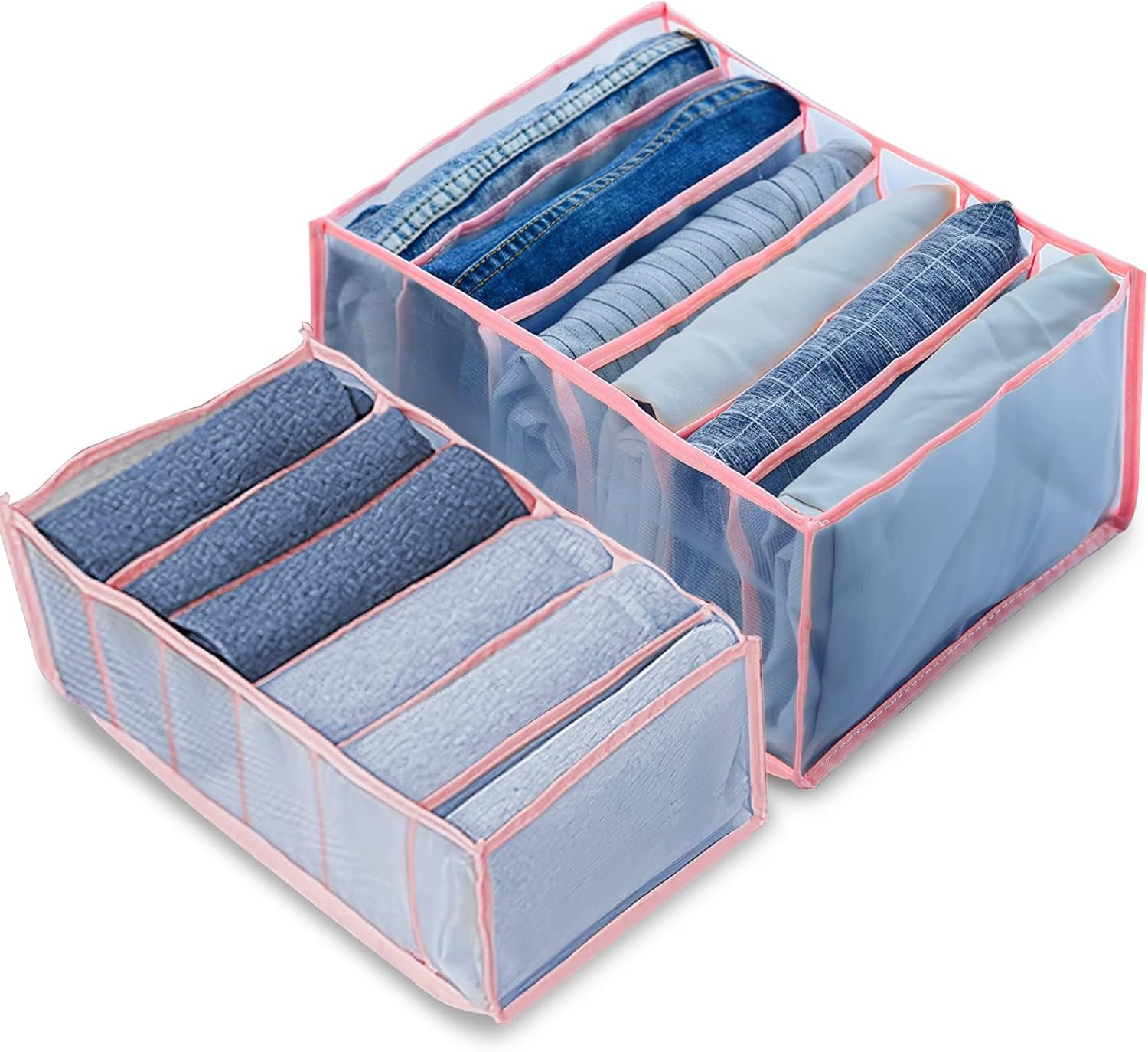 2PCS Wardrobe Clothes Organizer, Drawer Organizer Clothes Organizer Wardrobe Organizer Jeans Compartment Storage Box Foldable Closet Drawer Organizer, Mesh Clothes Organizer for Folded Clothes, Pink