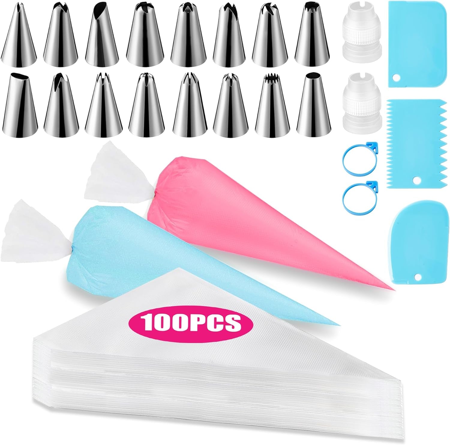 Piping Bags and Tips Set, Cakes Decorating Supplies Kit with 100Pcs 12 Inch Past