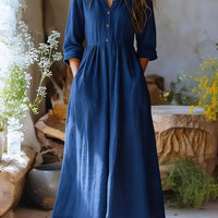 Womens Solid-color Long-sleeve Retro Cotton-linen Dress