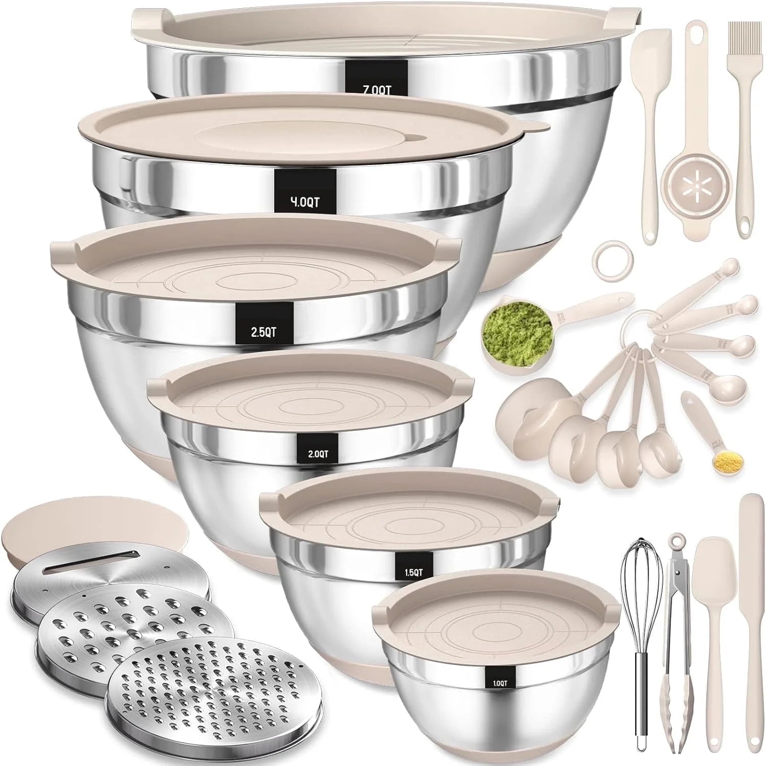 Mixing Bowls with Airtight Lids,  32Pcs Stainless Steel Nesting Non-Slip Bottoms Mixing Serving Bowls Set Wtih 3 Grater & Tools Gadgets, 7/4/2.5/2/1.5/1QT Metal Salad Bowls for Serving Preppi