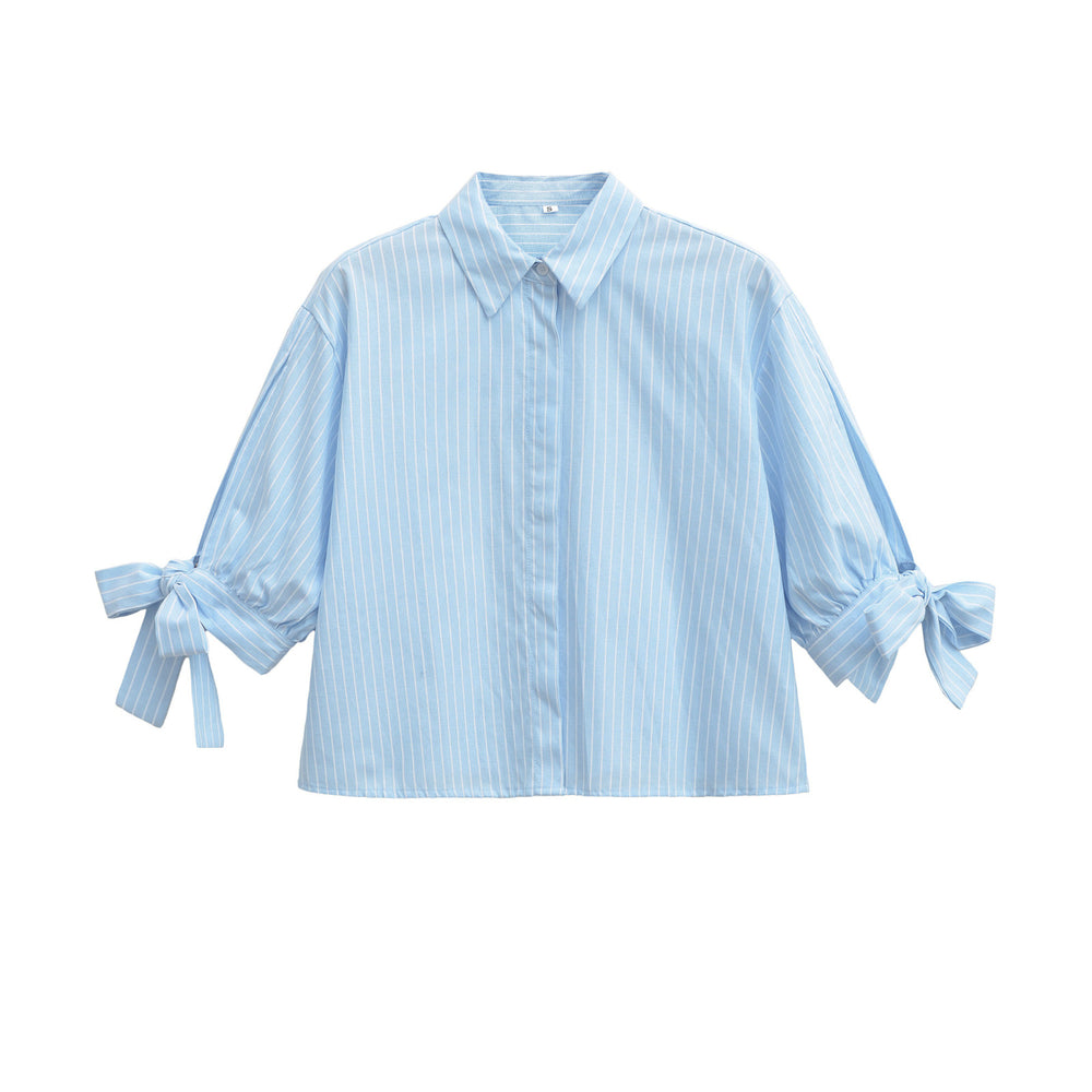 European And American-style Short Striped Blouse With A Bow Detail