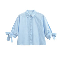 European And American-style Short Striped Blouse With A Bow Detail