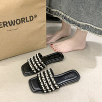 Pearl-embellished Flat Slide Sandals For Women