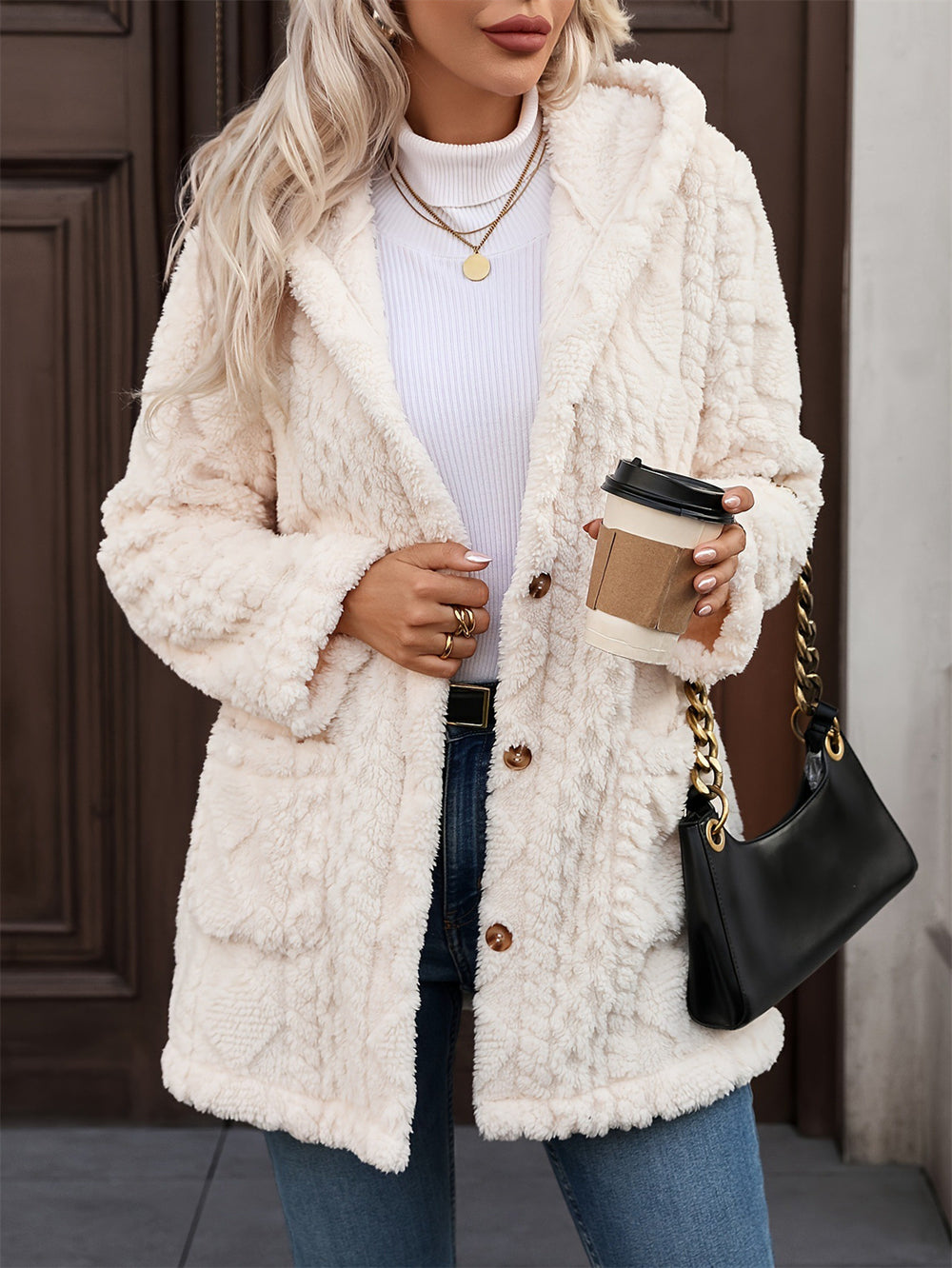 Hooded Solid-Color Cardigan With Buttons, Long-Sleeve Casual Jacket