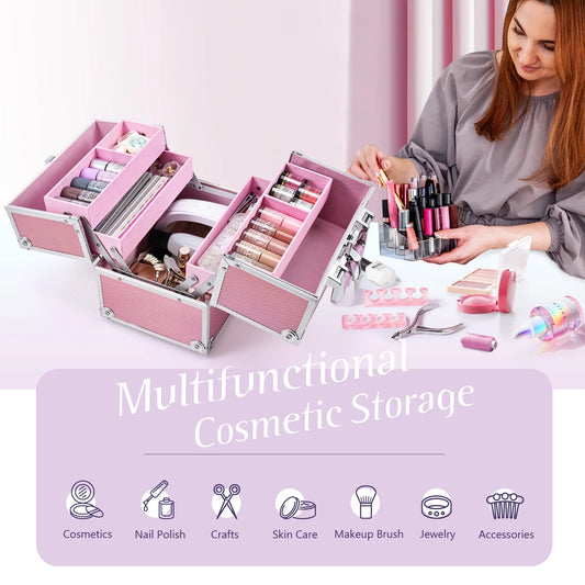 4 Trays Makeup Train Case Cosmetic Storage with Dividers Lockable Jewelry Makeup Box Organizer Pink