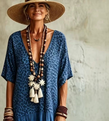 Casual Leopard-Print Colorblock V-Neck Dress