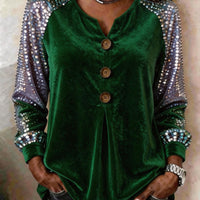 Button And Sequin Long-sleeve Womens Casual Top