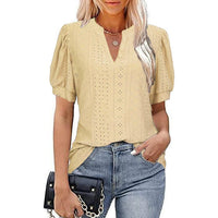 Spring & Summer Casual V-neck Solid Color Hollow-out Puff Sleeve Loose T-shirt Summer Shirt For Women