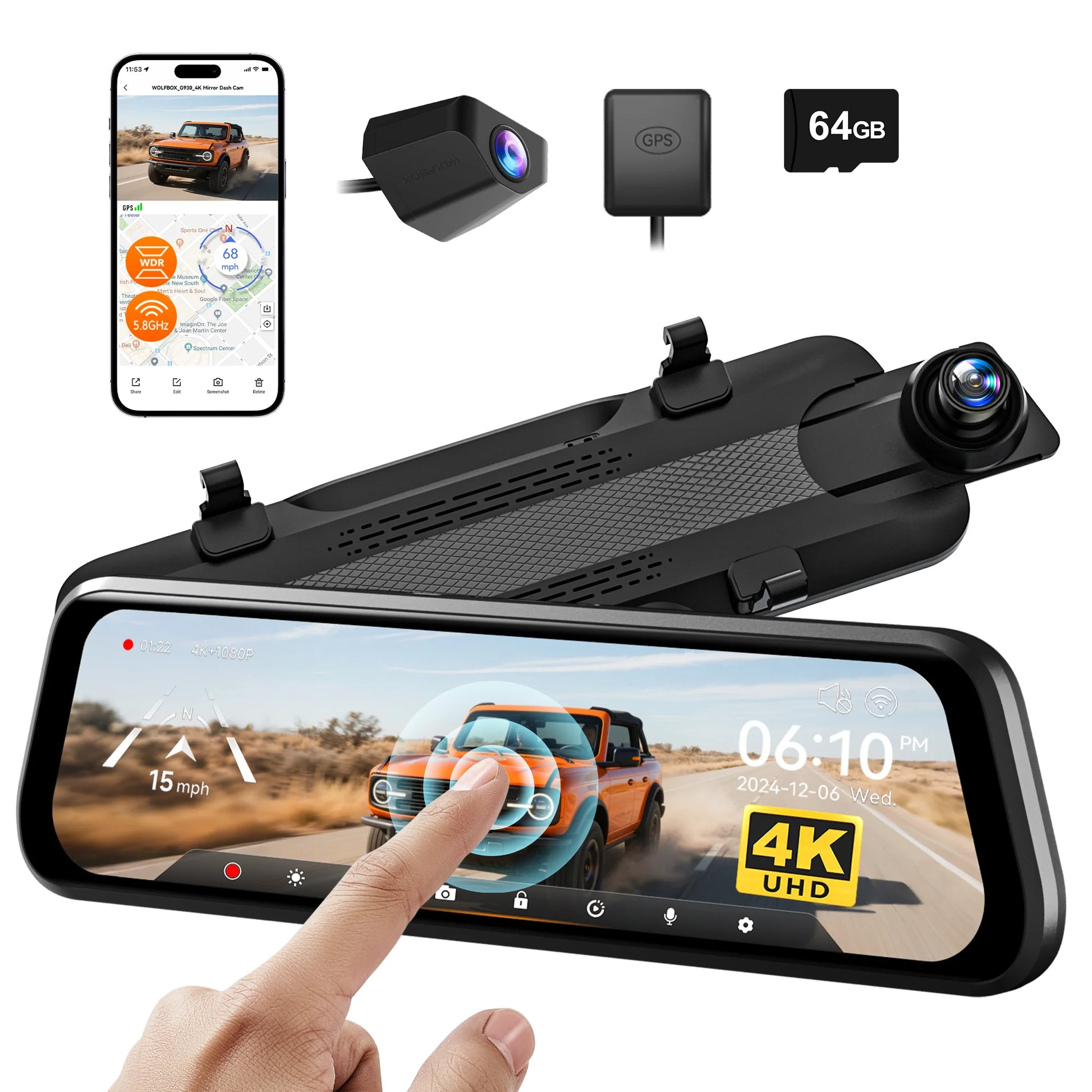 4K Dual Dashcam with 10" Touch Screen, Front and Rear Recording, Night Vision, GPS, Free 64GB Card