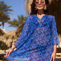 Printed Beach Three Quarter Sleeve One Piece Swimsuit Cover Up