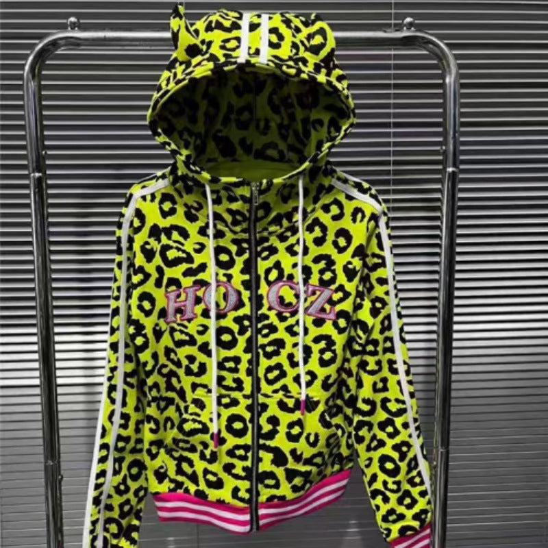 Yellow Leopard-Print Hoodie With Devil Horns For Women