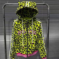 Yellow Leopard-Print Hoodie With Devil Horns For Women