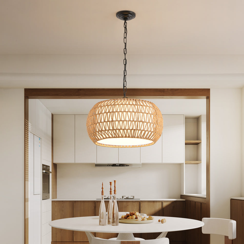 18inch Farmhouse Pendant Light With Adjustable Height, Boho Woven Jute Rope Hanging Ceiling Light Fixture, E26 Base, 60W Max, Compatible With Flat, Vaulted, And Sloped Ceil Bulb Not Included