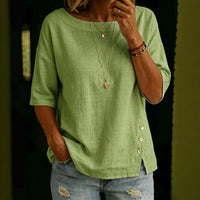 Asymmetrical Button Design Round Neck Loose-fitting Casual Top
