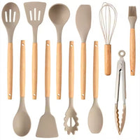 12-Piece Silicone Kitchen Utensils Set with Wooden Handles – Heat-Resistant Non-Stick Cooking Tools, Khaki | Everyday Home Deal