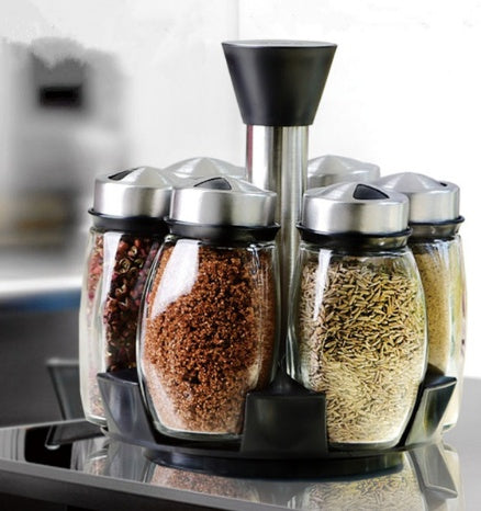 7-Piece Glass Spice Jar Set with Rack | 6 Condiment Jars | Everyday Home Deal