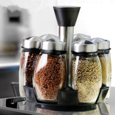 7-Piece Glass Spice Jar Set with Rack | 6 Condiment Jars | Everyday Home Deal