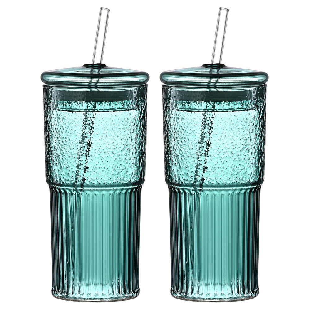 20 Oz Green Glass Straw Cups 2-Pack with Lids – Borosilicate Heat-Resistant Tumblers for Juice, Milk & Cold Drinks | Everyday Home Deal