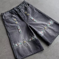 New Leather Patchwork Studded Rhinestone Shorts