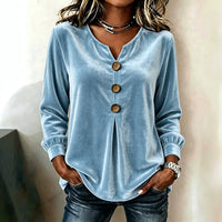 Elegant V-neck Buttoned Long-sleeve Velvet Blouse For Women