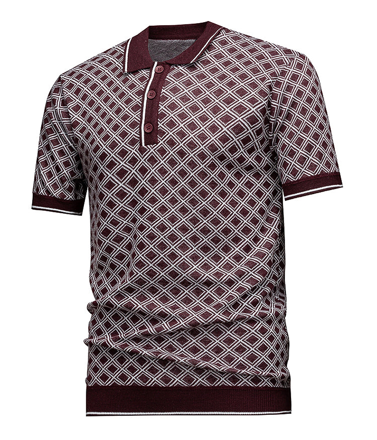 Men's Short Sleeve Knit Polo Shirt (Burgundy Diamond Geometric Jacquard) - Premium Apparel Deal | Everyday Home Deal