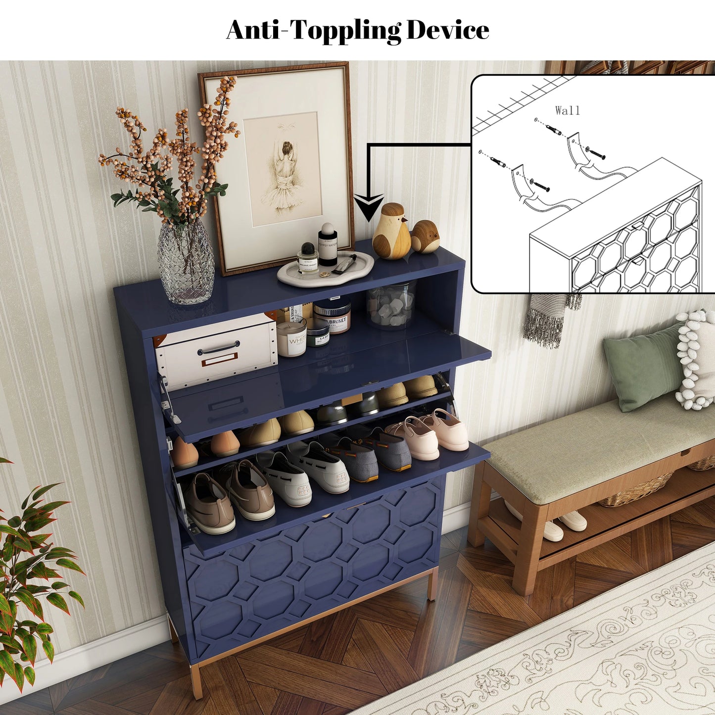 Shoe Organizer 24 Pairs Wood Shoe Storage Cabinet with Drawers