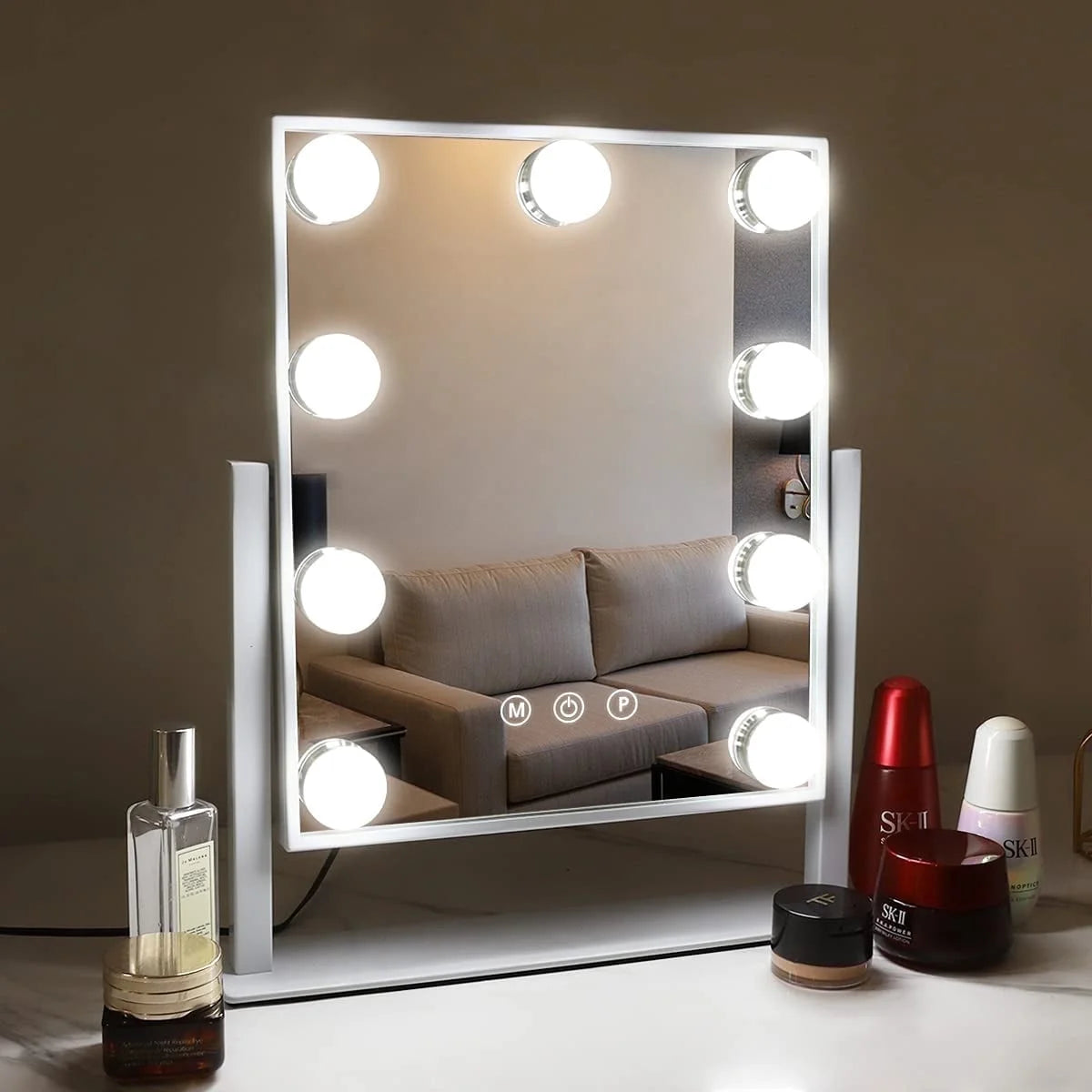 12''X14'' Vanity Makeup Mirror with Lights 360° Swivel Tabletop Metal White